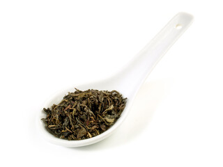 Green Tea Porcelain Spoon isolated on white Background - Healthy Nutrition