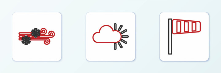 Set line Cone windsock wind vane, Wind and snow and Cloudy icon. Vector