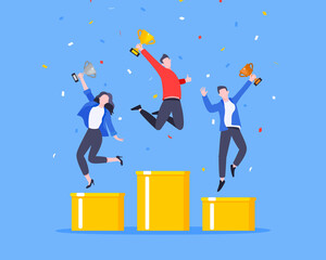 People standing on the podium rank first three places, jumps in the air with trophy cup. Employee recognition and competition award winner business concept flat style design vector illustration. - obrazy, fototapety, plakaty