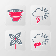 Set line Cloudy with snow, Pinwheel, Storm and Tornado icon. Vector