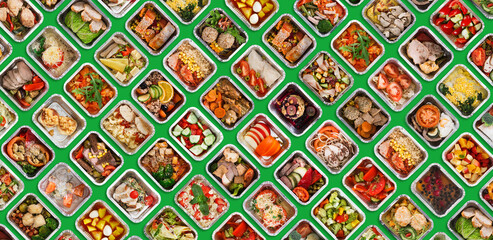 Foil lunch boxes with tasty everyday meals flat lay over green background