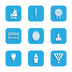Set Rugby ball, Surfboard, Billiard balls in rack triangle, Dart arrow, Golf on tee, Ribbon finishing line, Target sport and Skates icon. Vector