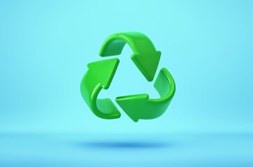 Green recycling symbol, recycle icon on blue background