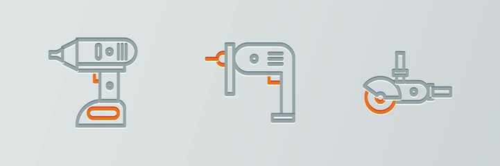 Set line Angle grinder, Electric cordless screwdriver and drill machine icon. Vector