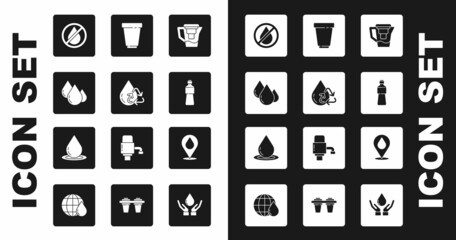 Set Water jug with a filter, Recycle clean aqua, drop, forbidden, Bottle of water, cartridge, location and icon. Vector