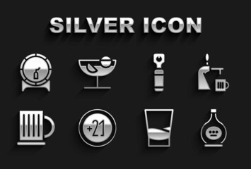 Set Alcohol 21 plus, Beer tap with glass, Bottle of cognac or brandy, Glass vodka, Wooden beer mug, opener, barrel on rack and Cocktail icon. Vector