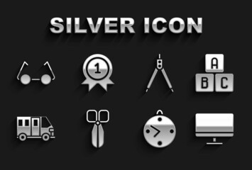 Set Scissors, ABC blocks, Computer monitor screen, Clock, School Bus, Drawing compass, Glasses and Medal icon. Vector