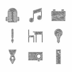 Set School table and chair, Certificate template, Ruler, Light bulb with concept of idea, Fountain pen nib, Paint brush, backpack and icon. Vector