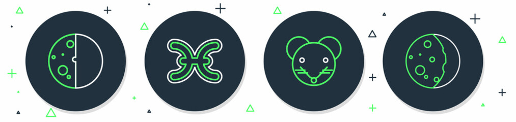 Set line Pisces zodiac, Rat, Eclipse of the sun and icon. Vector