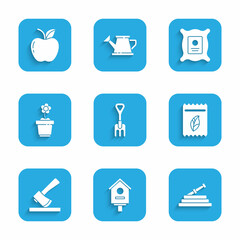Set Garden rake, Bird house, hose or fire hose, Pack full of seeds of plant, Wooden axe, Flower in pot, and Apple icon. Vector
