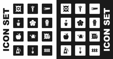 Set Hand saw, Flower, in pot, Pack full of seeds of plant, Garden light lamp, Carrot, Corn the sack and Apple icon. Vector