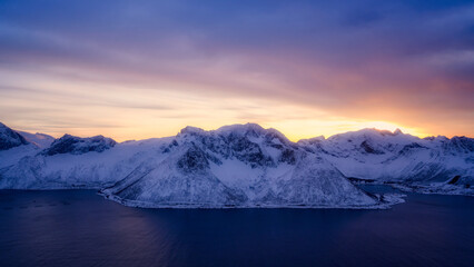 Naklejka na ściany i meble Mountain in Northern Norway in sunset panorama from Segla