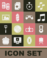 Set Easel or painting art boards, Kettlebell, Music note, tone, Stopwatch, Sewing thread spool, Postal stamp, Gamepad and icon. Vector
