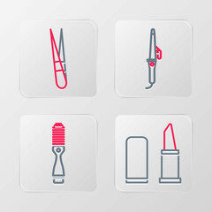 Fototapeta na wymiar Set line Lipstick, Hairbrush, Curling iron and Eyebrow tweezers icon. Vector