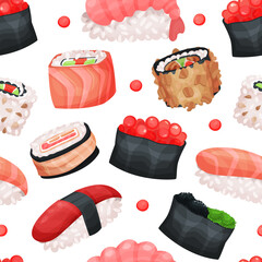 Japanese cuisine food seamless pattern. Background, wallpaper, cover, textile, packaging design for sushi bar, restaurant, delivery service