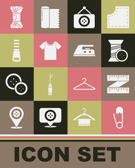 Set Safety pin, Tape measure, Sewing thread and button, Tailor shop, T-shirt, Zipper, Yarn and Electric iron icon. Vector