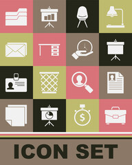Set Briefcase, Resume, Chalkboard with diagram, Office chair, desk, Envelope, Document folder and Clock icon. Vector