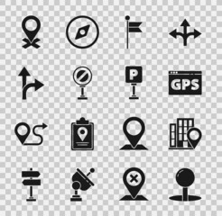 Set Push pin, Location with house, Gps device map, marker, Stop sign, Road traffic, and Parking icon. Vector