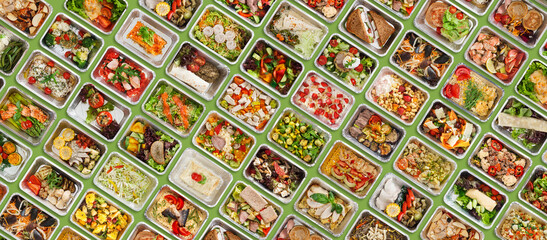Diverse Tasty Meals In Foil Containers Flat Lay Over Green Background