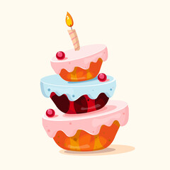 three-tiered, soft, there are cherries in the decor, in a flat style with one candle