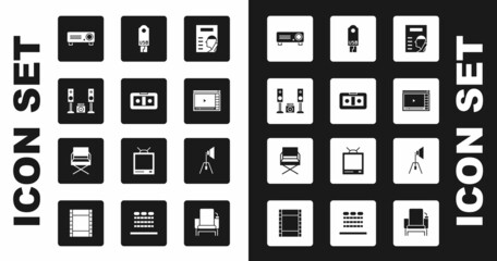 Set Cinema poster, VHS video cassette tape, Home stereo with two speakers, Movie, film, media projector, Online play, USB flash drive, spotlight and Director movie chair icon. Vector