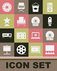Set Cinema auditorium with screen, CD DVD disk, USB flash drive, Popcorn box, chair, Movie trophy, Camera shutter and icon. Vector