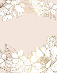 Elegant background design with Lotus and Plumeria flowers. Tropical flowers on a pink background.