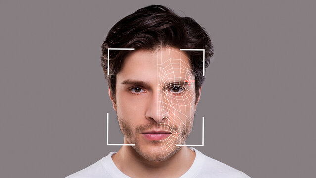 Young man experiencing face scanning, face id