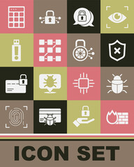 Set Firewall, security wall, System bug, Shield with cross mark, Cyber, Graphic password protection, USB flash drive, Password and icon. Vector