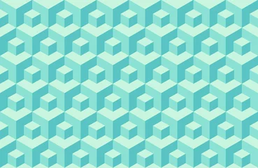 Printed roller blinds Turquoise Abstract isometric background of small and large turquoise colored cubes. Vector geometric pattern