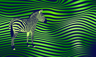 Green neon background with a zebra and dark lines. Vrector ciberpunk  illustration. © NatalKa 