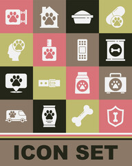 Set Animal health insurance, Pet first aid kit, Canned food, bowl, shampoo, Human with animals footprint, Veterinary clinic and Bandage plaster icon. Vector