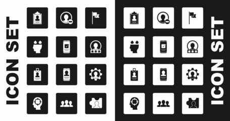 Set Location marker, Smartphone, User of man, Clipboard with resume, Create account screen, Human gear and Identification badge icon. Vector