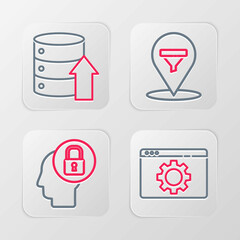 Set line Browser setting, Human head with lock, Location sales funnel and Server, Data, Web Hosting icon. Vector