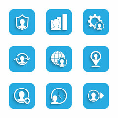 Set Globe and people, Time Management, Create account screen, Location with person, Human resources, Head hunting and User protection icon. Vector