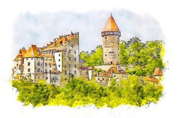 Burg Clam, a medieval castle in Upper Austria, Austria, watercolor sketch illustration.