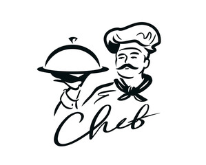 Chef with a dish in his hand logo. Cooking, restaurant menu symbol. Vector illustration