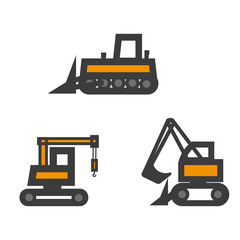 Heavy machinery for construction excavators, loaders, dump trucks, tractors logo ideas. Logo design for inspiration. Vector illustrations on white, black, colored background, isolated.