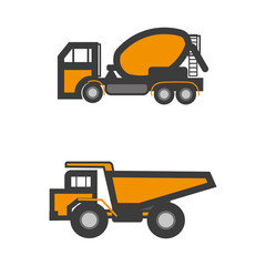 Heavy machinery for construction excavators, loaders, dump trucks, tractors logo ideas. Logo design for inspiration. Vector illustrations on white, black, colored background, isolated.