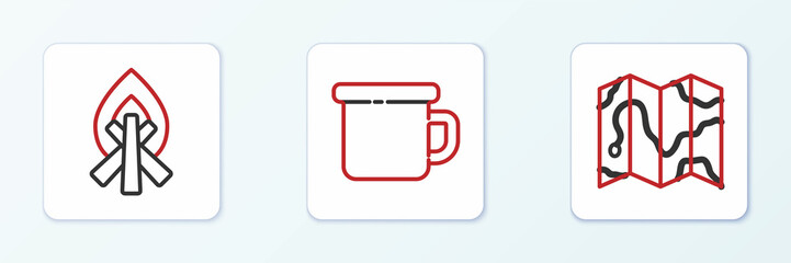 Set line Location of the forest on map, Campfire and Camping metal mug icon. Vector