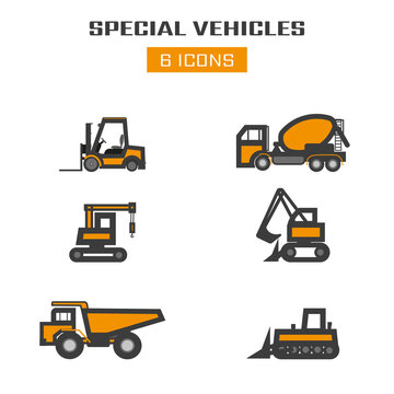Heavy machinery for construction excavators, loaders, dump trucks, tractors logo ideas. Logo design for inspiration. Vector illustrations on white, black, colored background, isolated.