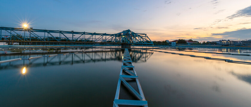 Banner photo of water treatment plant with sunset