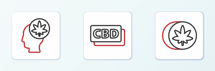 Set line Herbal ecstasy tablets, Head with marijuana or cannabis and Cannabis molecule icon. Vector