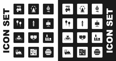 Set Classic dart board and arrow, Firework rocket, Balloons, Fast street food cart, Magic ball table, Ferris wheel, Bottles and Fountain icon. Vector
