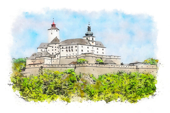 Forchtenstein Castle or Burg Forchtenstein, a castle built in the late Middle Ages near the municipality of Forchtenstein in northern Burgenland, Austria, watercolor sketch illustration.