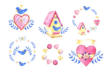 Birdhouse with flowers and birds. Wall sticker. Artistic, color, hand-drawn image of a birdhouse with birds and flowers in watercolor style on a white background.