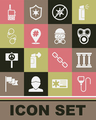 Set Walkie talkie, Prison window, Gas mask, Protest, Handcuffs, and icon. Vector