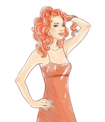 Hand-drawn fashion model, watercolor illustration of redhead woman touch her hair