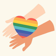 LGBT banner, hands holding hearts, rainbow heart in the center
