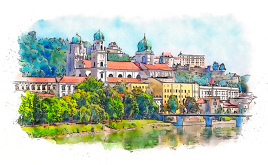 Obraz premium Passau cityscape, St. Stephen's Cathedral and River Inn, Bavaria, Germany, watercolor sketch illustration.